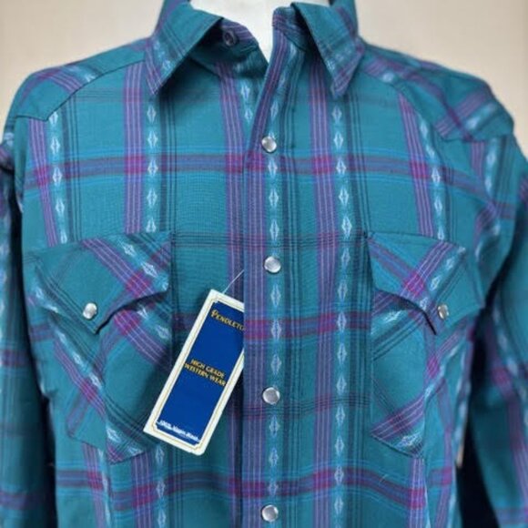 Vtg Teal Blue Purple Pendleton High Grade Western Wear Wool Shirt Pearl Snaps XL - Picture 2 of 9